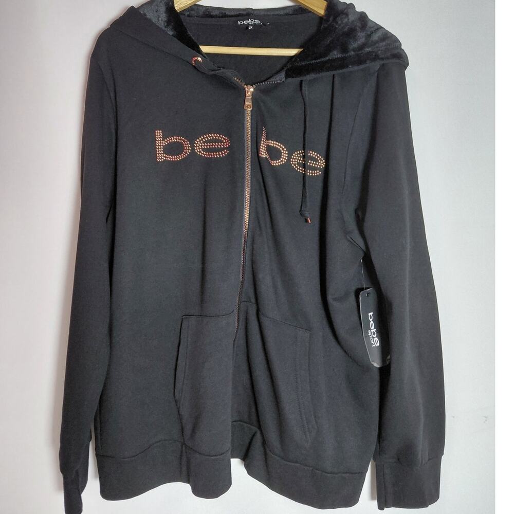 NWT bebe sport Black Hoodie Zip Up Jacket Solid Knit Women Size 2X